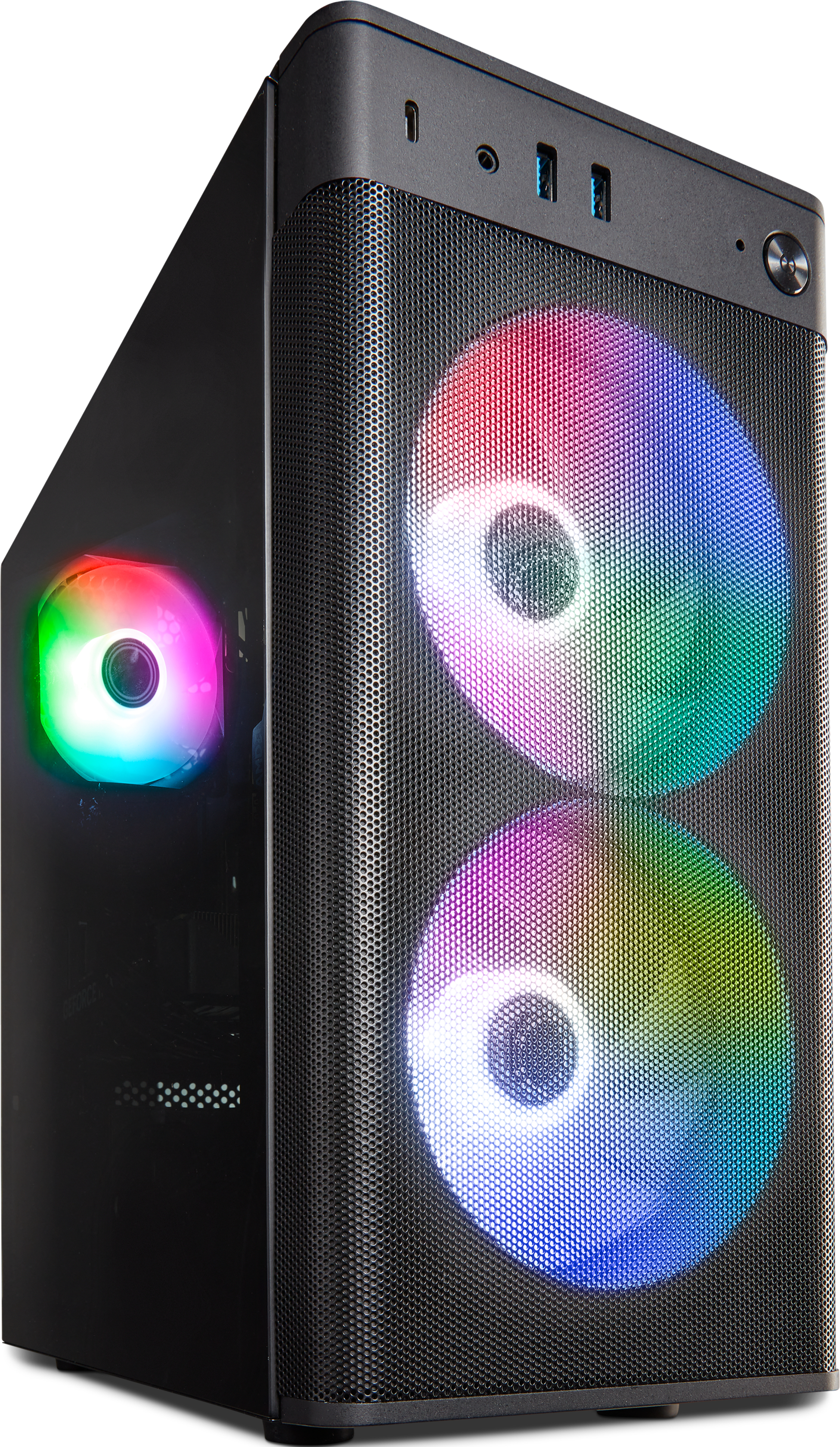 Un case per computer nero con ventole RGB. La parte anteriore ha un design a rete. Sono visibili due grandi ventole e una più piccola, che mostrano vari colori.