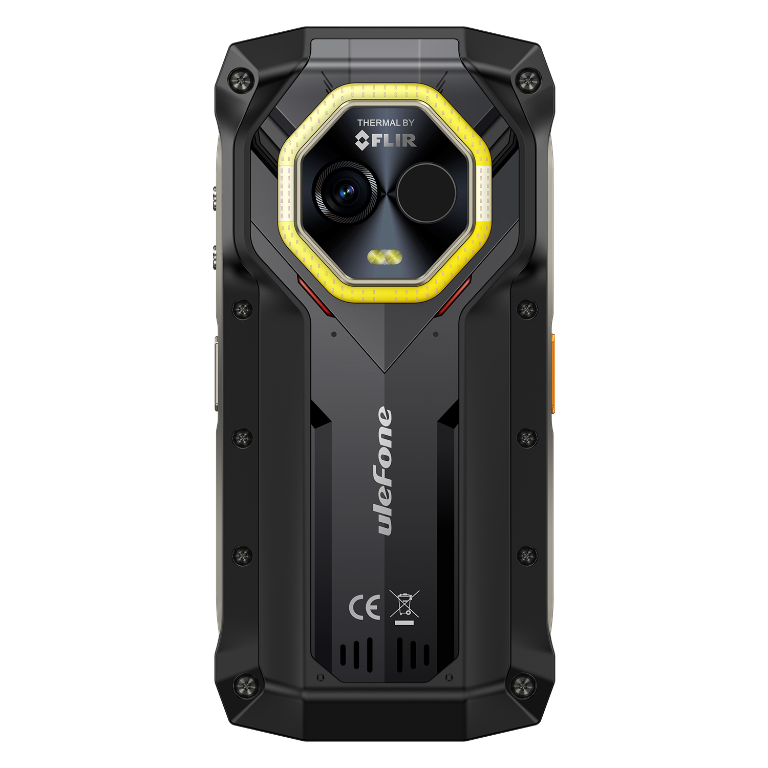 Fekete Ulefone strapabíró okostelefon hátlapja. Kamerája sárga díszítéssel és FLIR logóval rendelkezik. A telefonon csavarok találhatók.