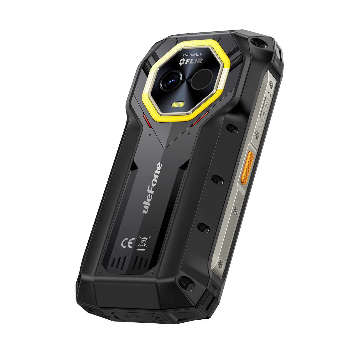 Fekete-sárga strapabíró okostelefon. FLIR logós kamerája, Ulefone logója és oldalsó gombjai vannak.