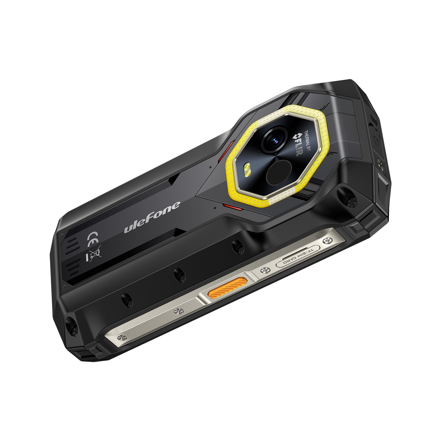 Fekete-sárga Ulefone strapabíró okostelefon. FLIR logós kamerája, narancs és ezüst díszítése van.