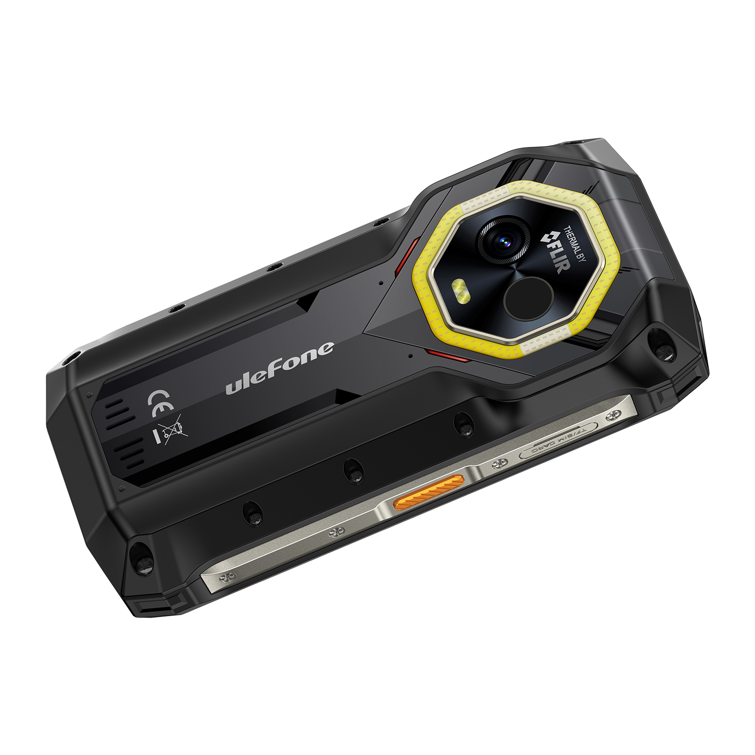 Fekete Ulefone strapabíró okostelefon. Sárga részletekkel ellátott kamera, FLIR hőkamera technológia. A telefon ezüst szegéllyel rendelkezik.