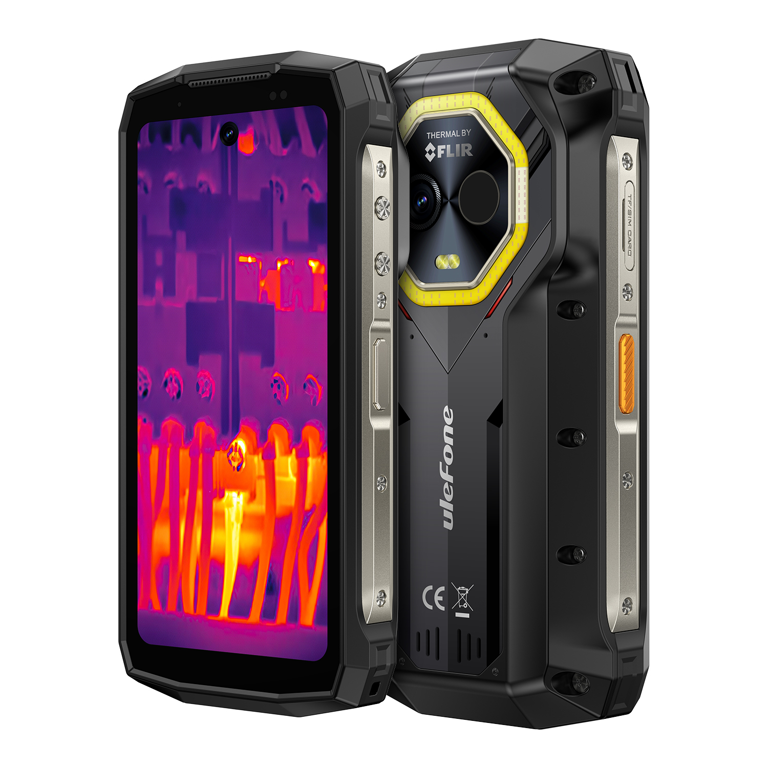 Robusztus okostelefon hőkamerával. A képernyő narancssárga és lila hőképet mutat. Fekete és sárga telefon FLIR logóval.