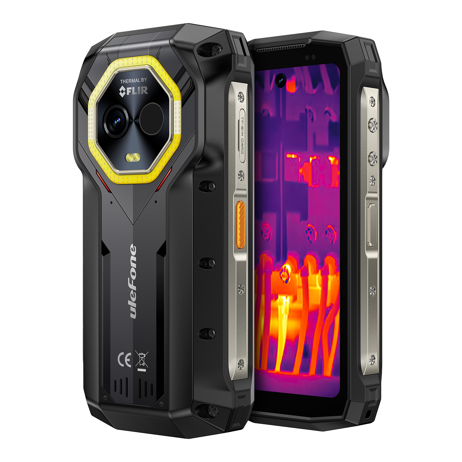 Robusztus okostelefon hőkamerával. Fekete, sárga és ezüst részletek. FLIR kamera. A kijelző hőképét mutatja.