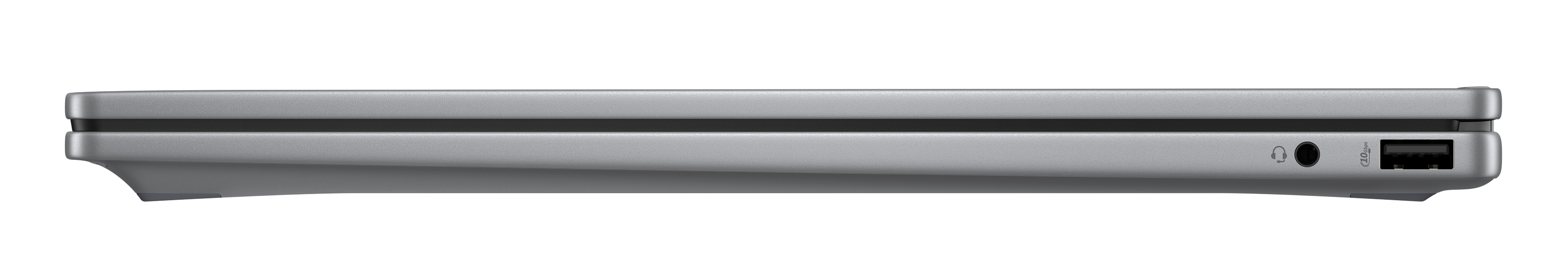 Widok z boku srebrnego laptopa. Pokazuje porty słuchawkowe i USB, z czarnym tłem.