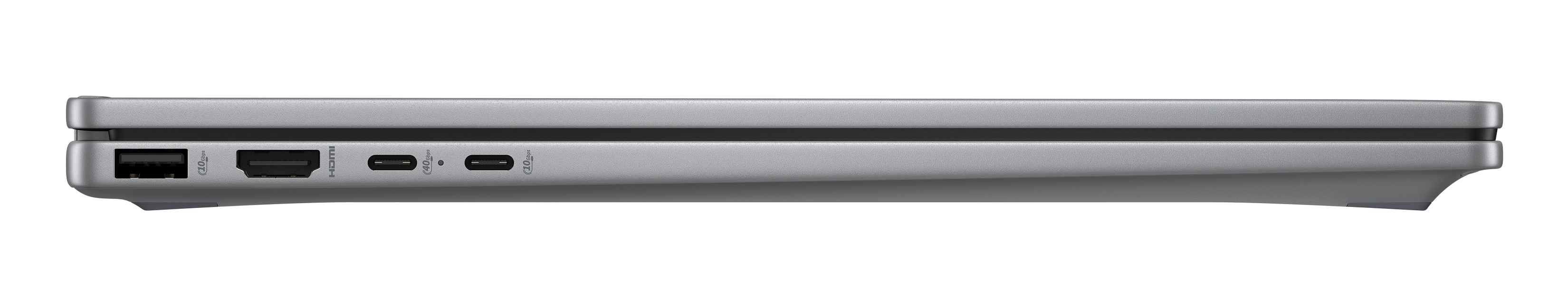 Widok z boku srebrnego urządzenia elektronicznego z portami HDMI, USB i zasilania, na czarnym tle.