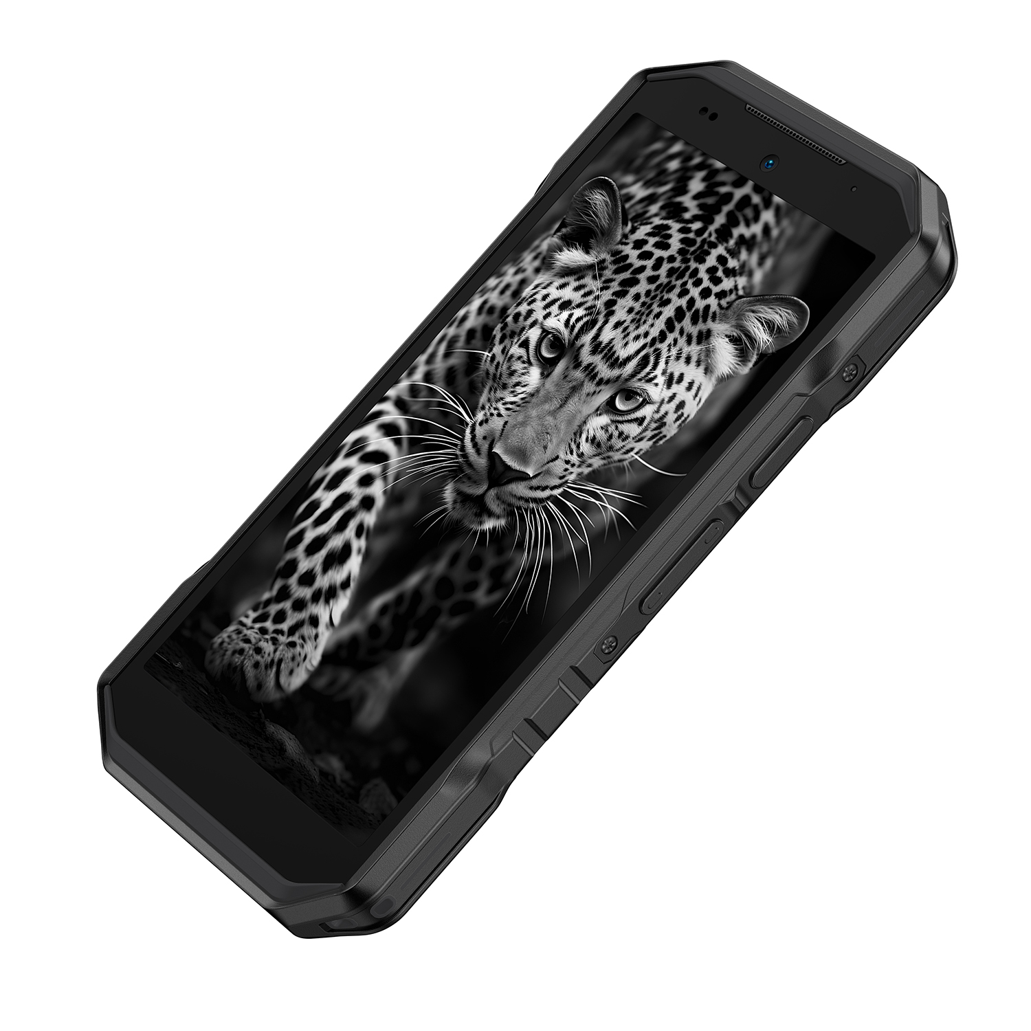 Egy fekete okostelefonon egy leopárd szürkeárnyalatos képe látható. A leopárd előre néz. A telefon ferdén van.