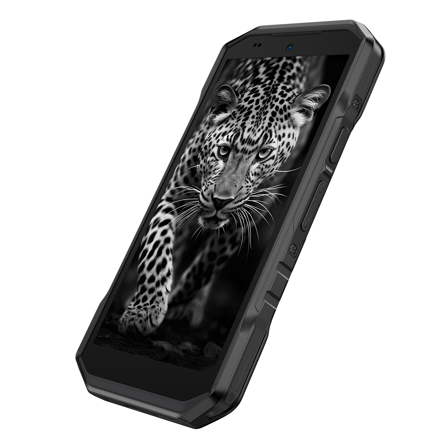 Egy fekete okostelefon egy leopárd szürkeárnyalatos képét jeleníti meg. A telefon ferdén van, a képernyőt és az oldalsó gombokat mutatja.