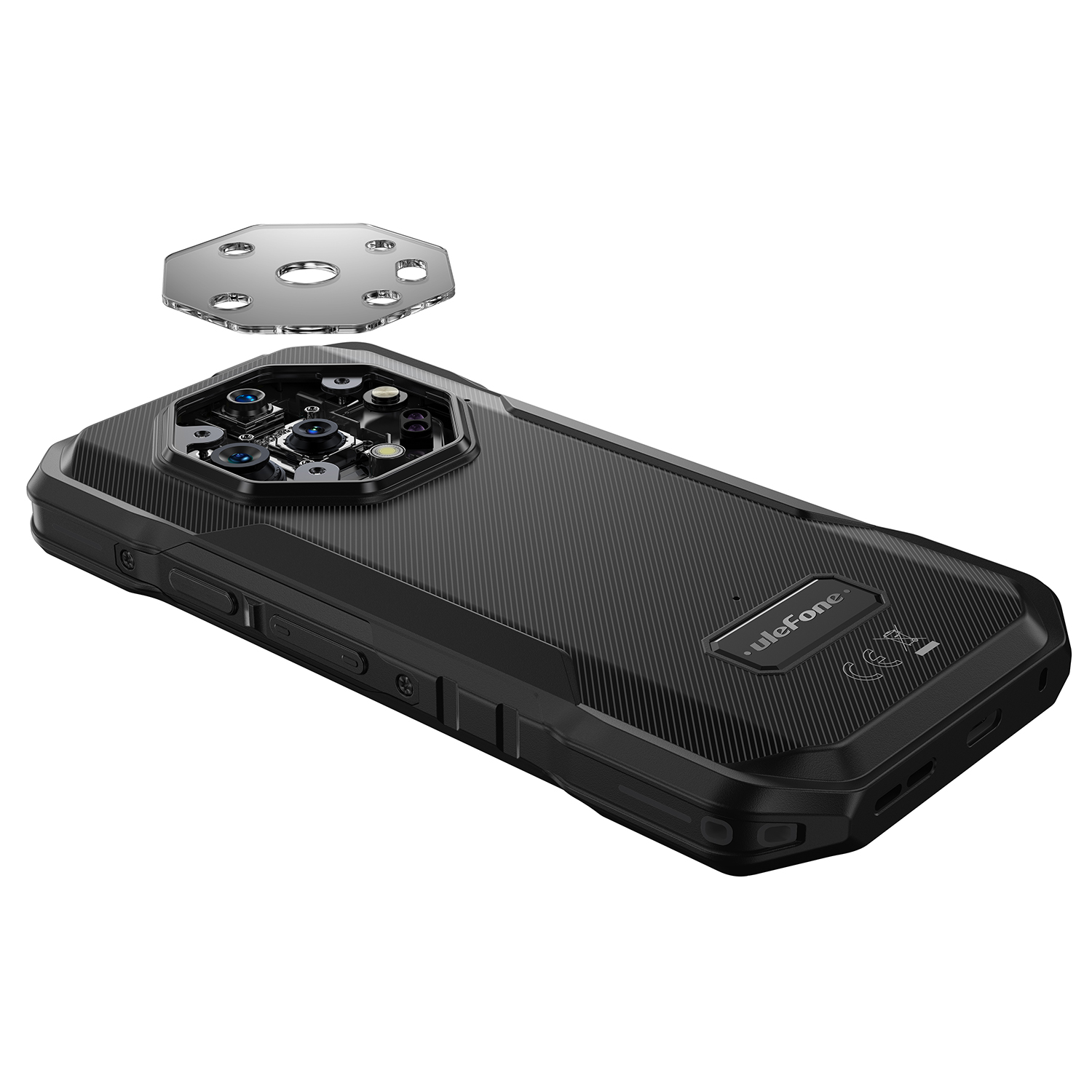 Fekete Ulefone telefon több kamerával. Egy ezüst, leválasztott lemez lebeg felette. A telefon fehér háttéren van.
