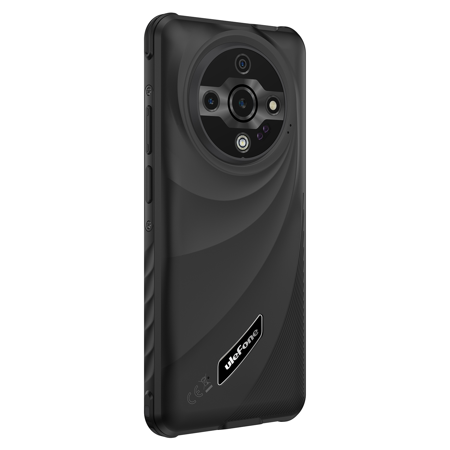 Fekete okostelefon hátlap. Kör alakú kamera modul lencsékkel. Ulefone logó. Oldalsó gombok és texturált dizájn.