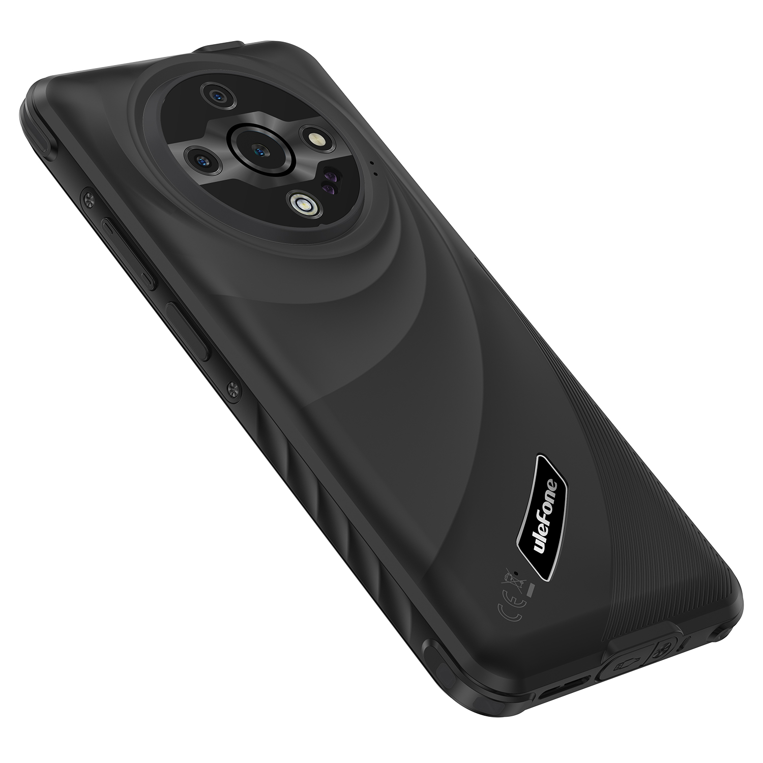 Fekete okostelefon több kamerával és texturált hátlappal. Látható az Ulefone logó.