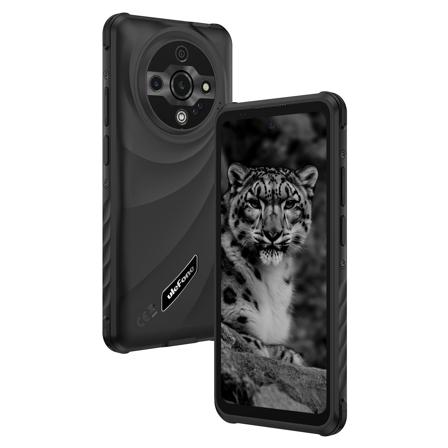 Két fekete okostelefon. Az egyiken hóleopárd látható a képernyőn. A másikon kamerák és egy Ulefone logó van.