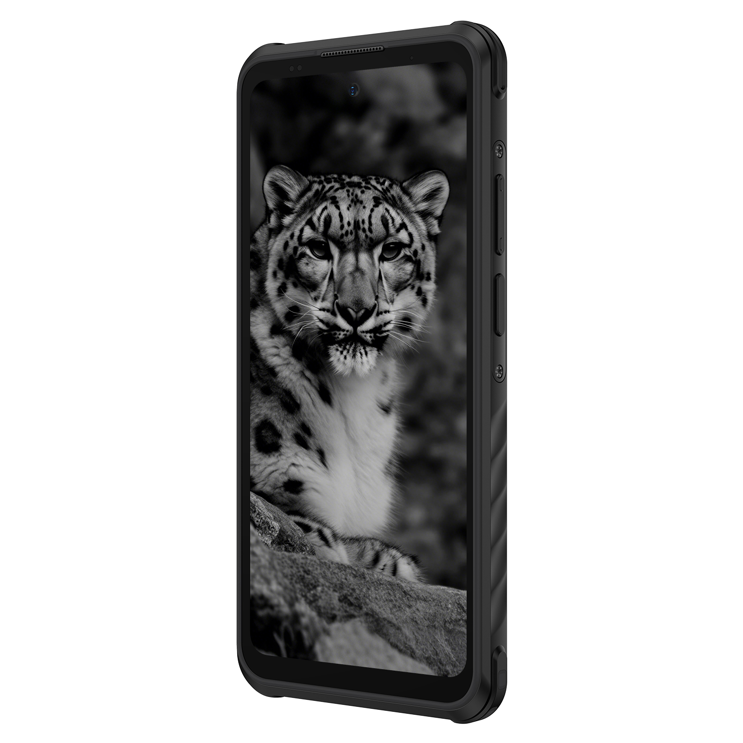 Egy fekete telefon egy hóleopárd szürkeárnyalatos képét jeleníti meg. A telefon ferdén van, oldalsó gombokat és kamerát mutat.