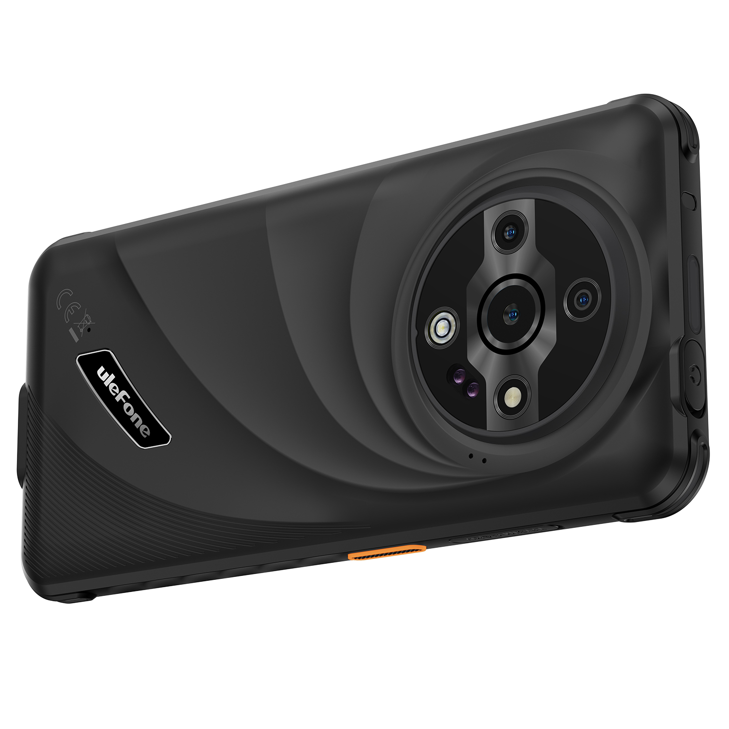 Fekete Ulefone okostelefon hátlap. Jellemzői a kamera modul, a bekapcsoló gomb és a hangerőszabályzók. A telefon enyhén szögben van.