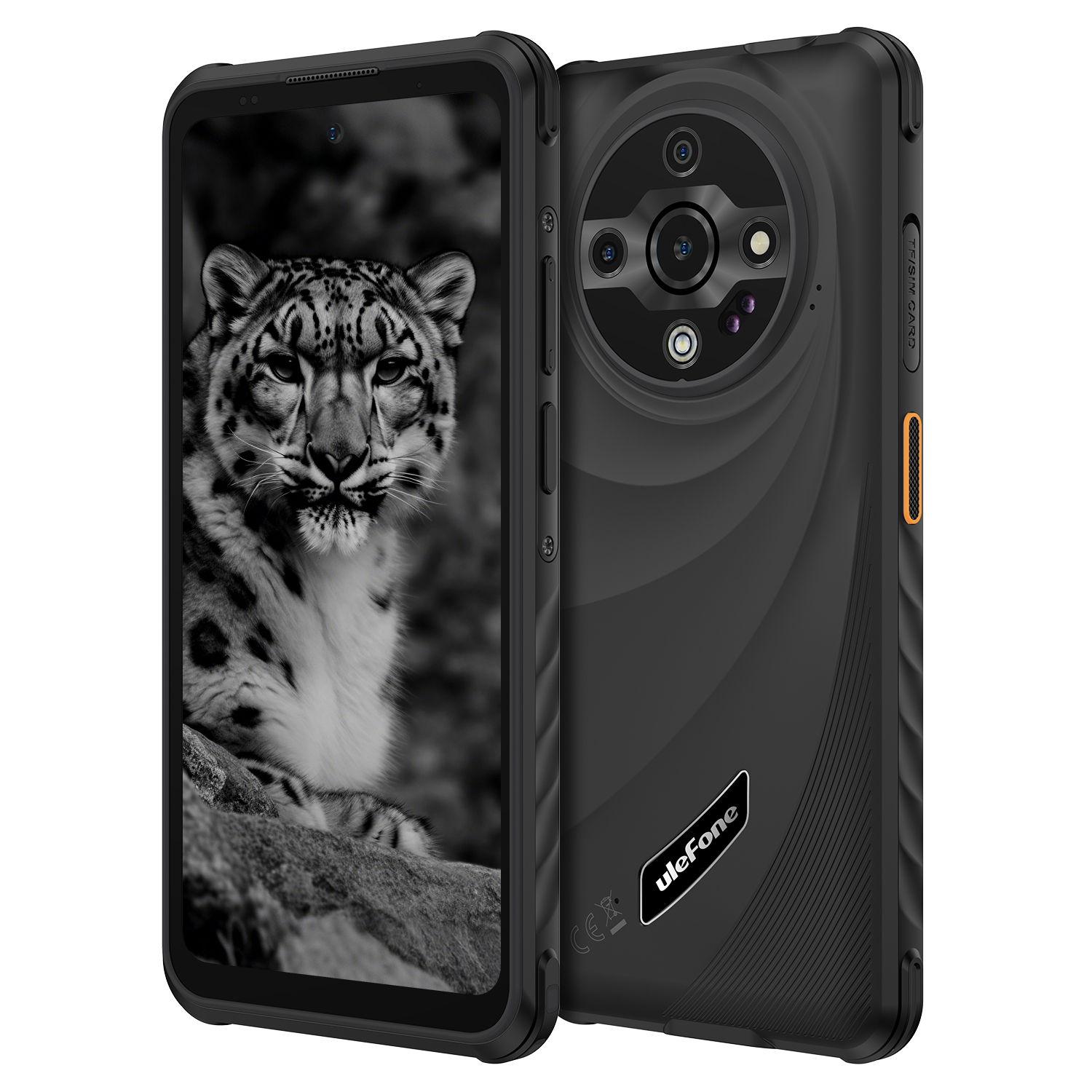 Fekete okostelefon leopárddal a képernyőn. A hátulján kamera és Ulefone logó. Fehér háttéren.