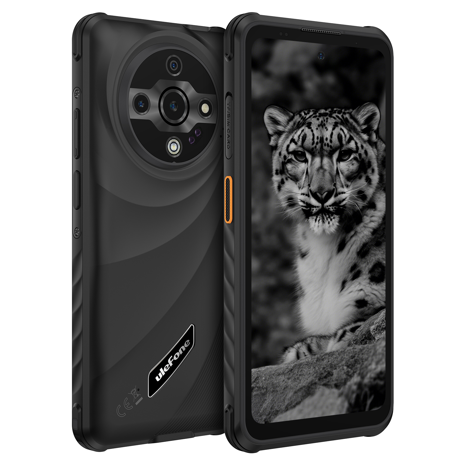 Fekete okostelefon hóleopárddal a képernyőn. A telefon robusztus kialakítású, és látható az ulefone márka.