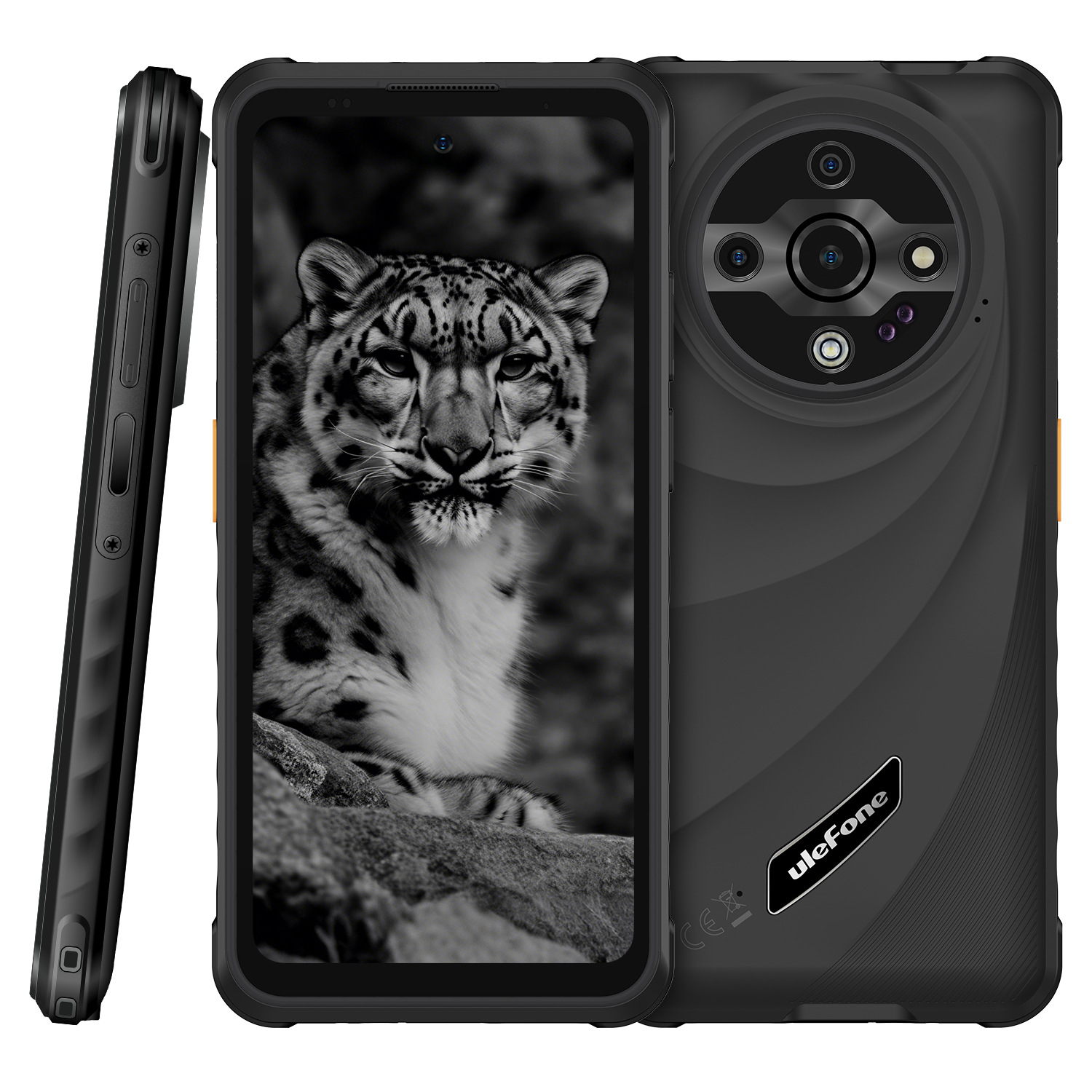 Fekete Ulefone telefon hóleopárddal a képernyőn. Oldal- és hátulnézet is látható. Narancssárga díszítések.