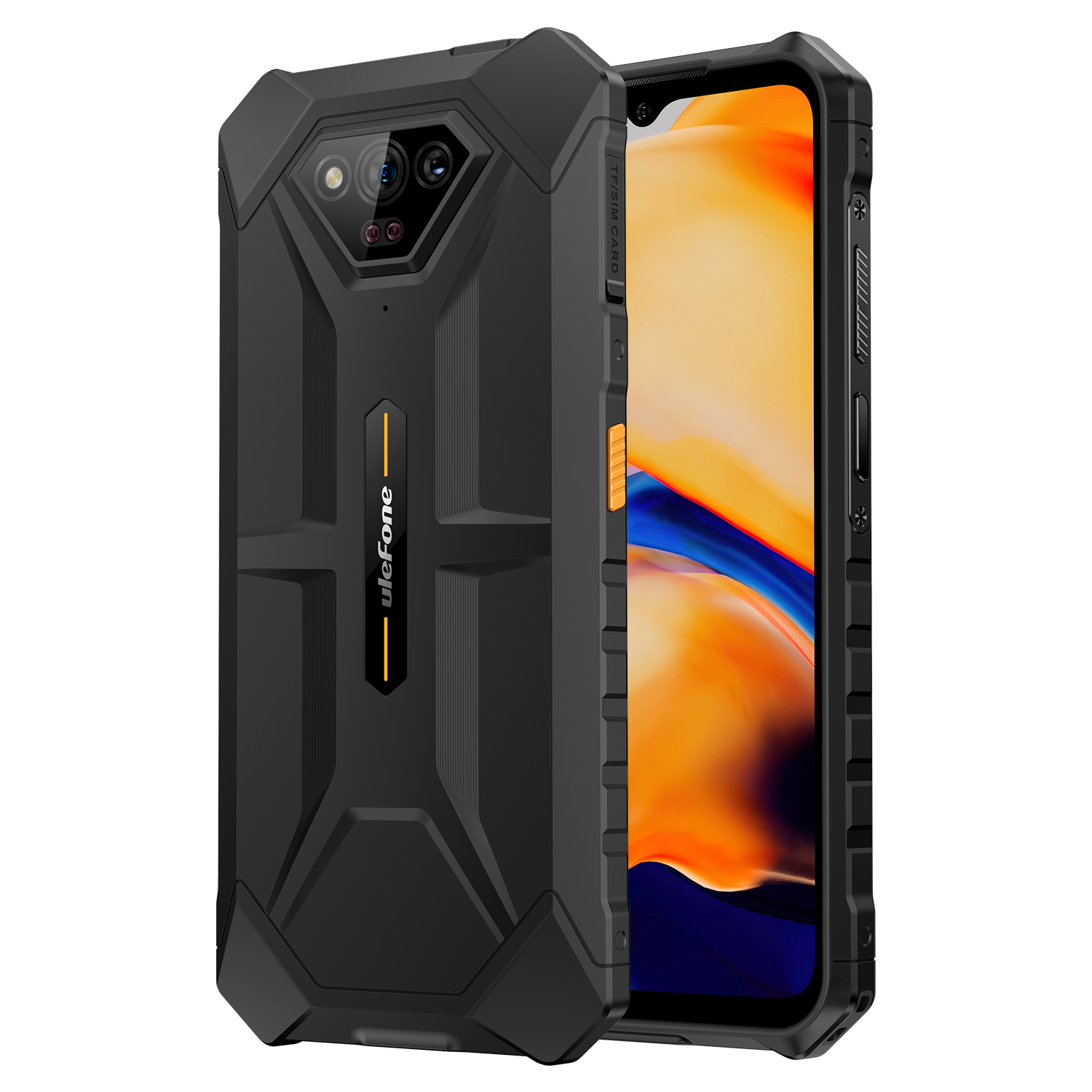Fekete okostelefon robusztus tokkal, absztrakt, színes képet mutató képernyővel. A telefonon Ulefone logó látható.