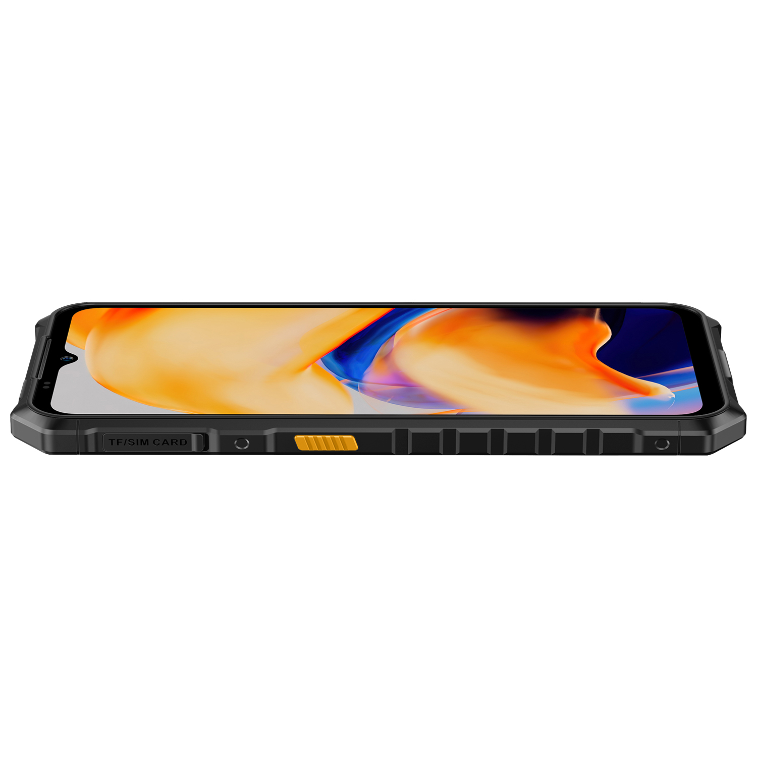 Egy fekete okostelefon színes képernyővel. A telefon robusztus kialakítású, sárga gombbal. A háttér fehér.