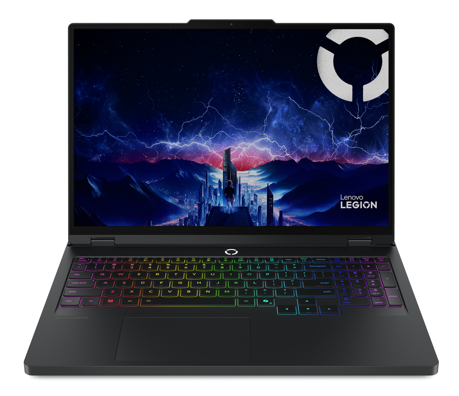 Laptop Lenovo Legion. Ekran pokazuje miasto z błyskawicami. Klawiatura tęczowa. Czarny korpus. Logo marki znajduje się na górze.