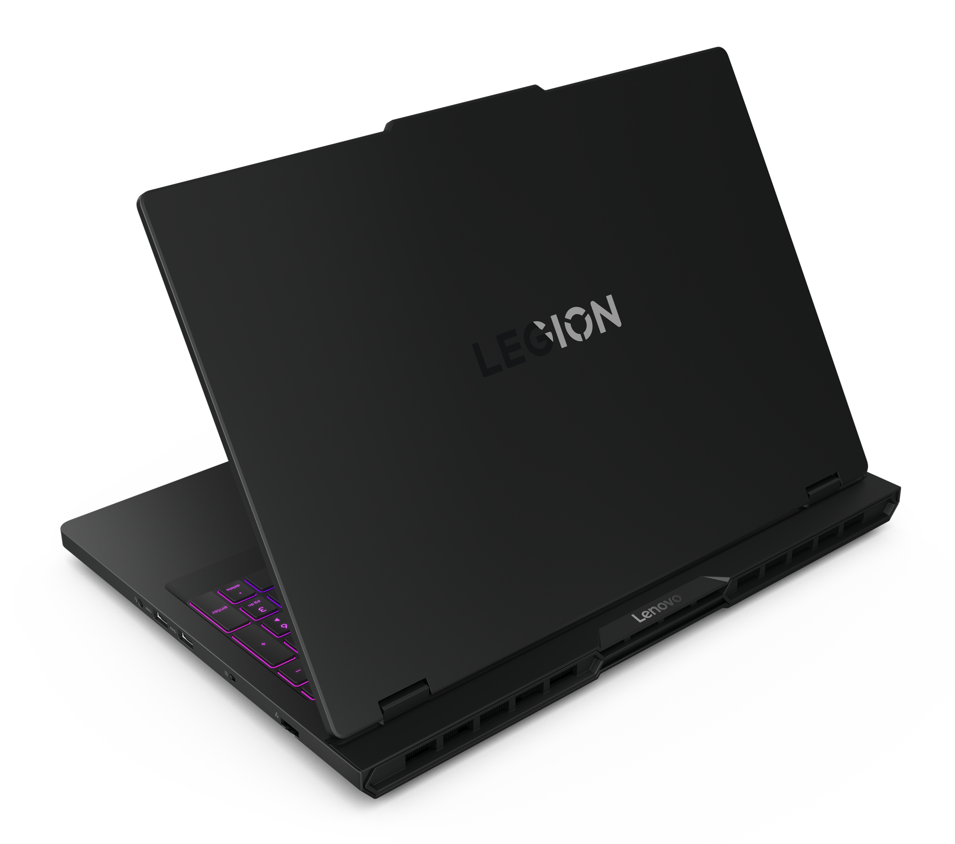 Czarny laptop Lenovo Legion, otwarty, klawiatura z fioletowym podświetleniem, logo Legion na pokrywie, czarne tło.