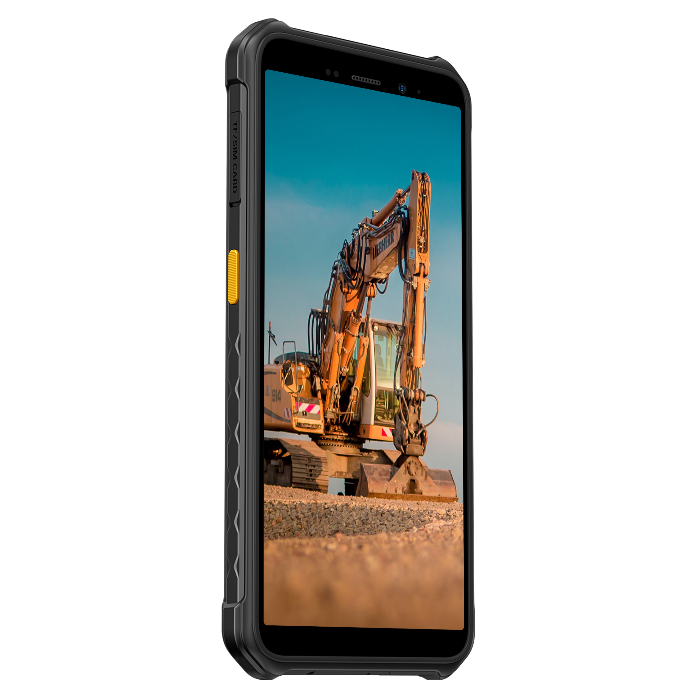 Egy okostelefon egy kotrógépet mutat egy építkezésen. A telefon egy strapabíró tokban van.