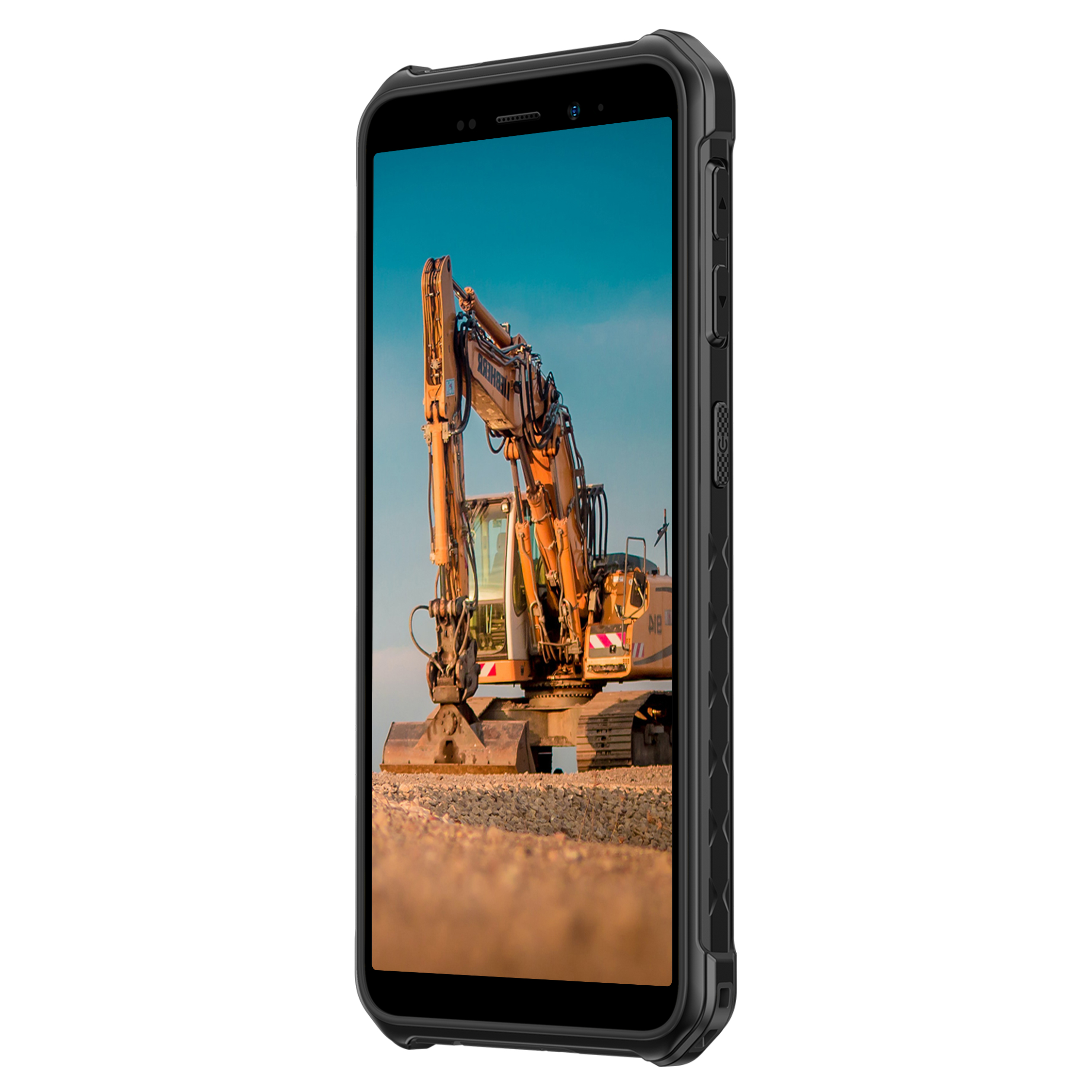Egy okostelefon egy kotrógépet mutat egy építkezésen. A telefon fekete, strapabíró tokban van.