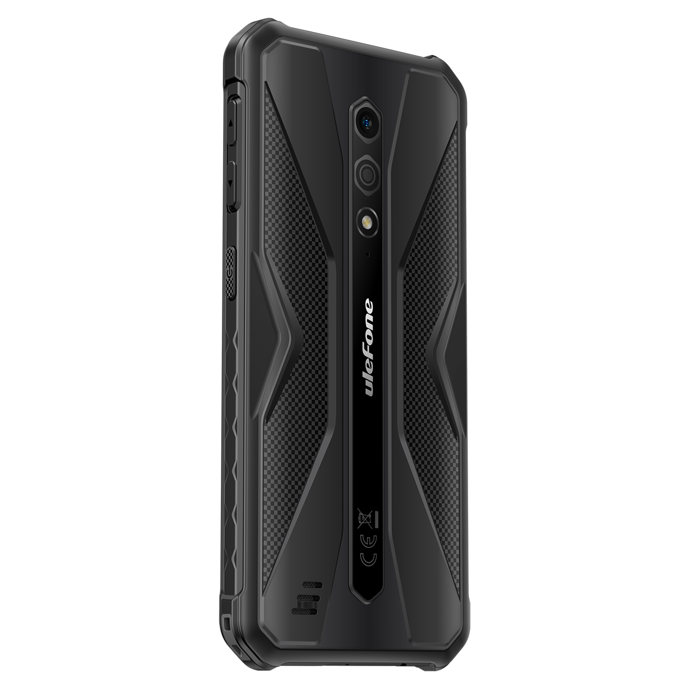 Fekete Ulefone okostelefon. Jellemzők: háromkamerás beállítás, texturált hátlap és oldalsó gombok. A telefon szögben van.