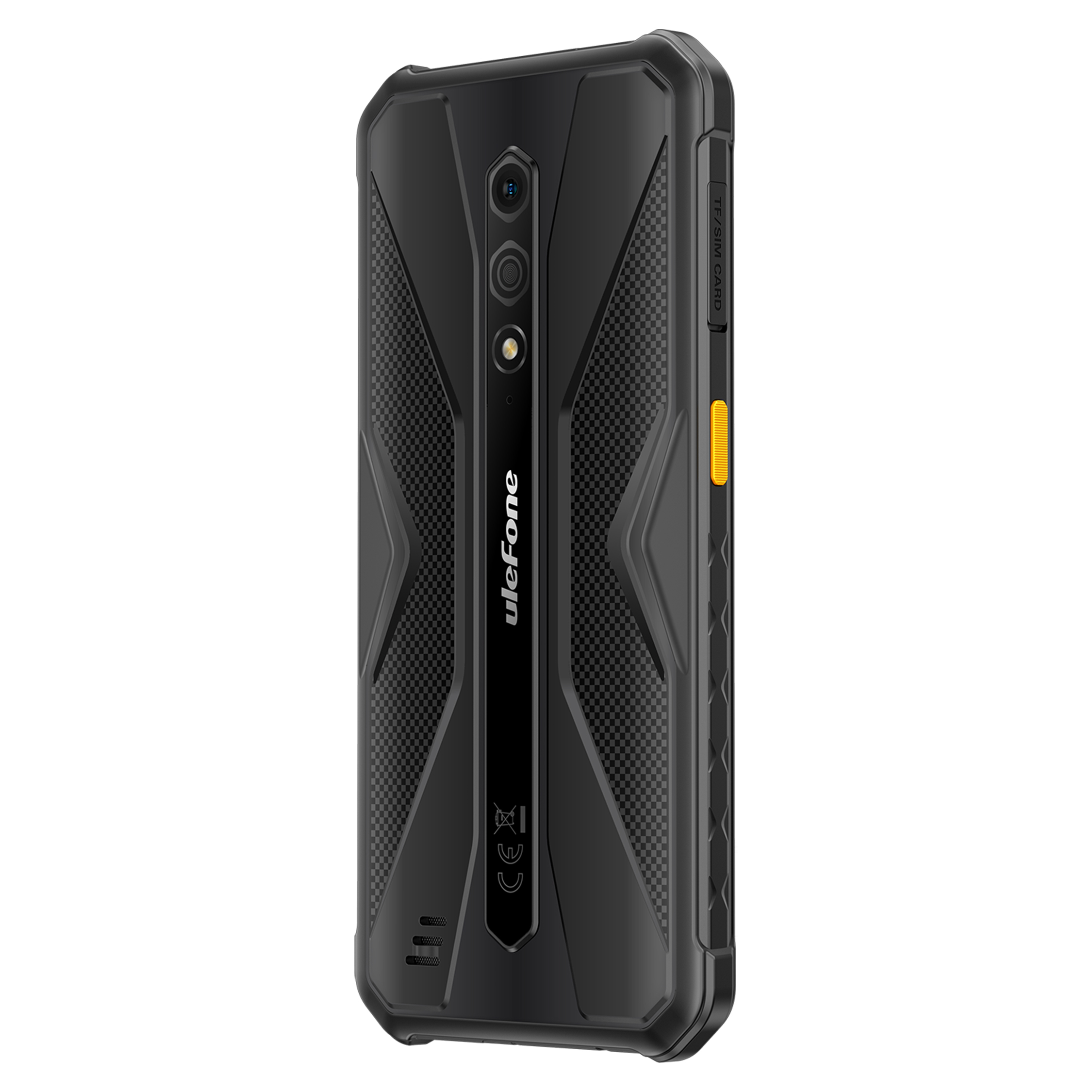 Fekete Ulefone telefon hátlap. Kamerák, logó és egy sárga gomb található az oldalon. A hátlap texturált.