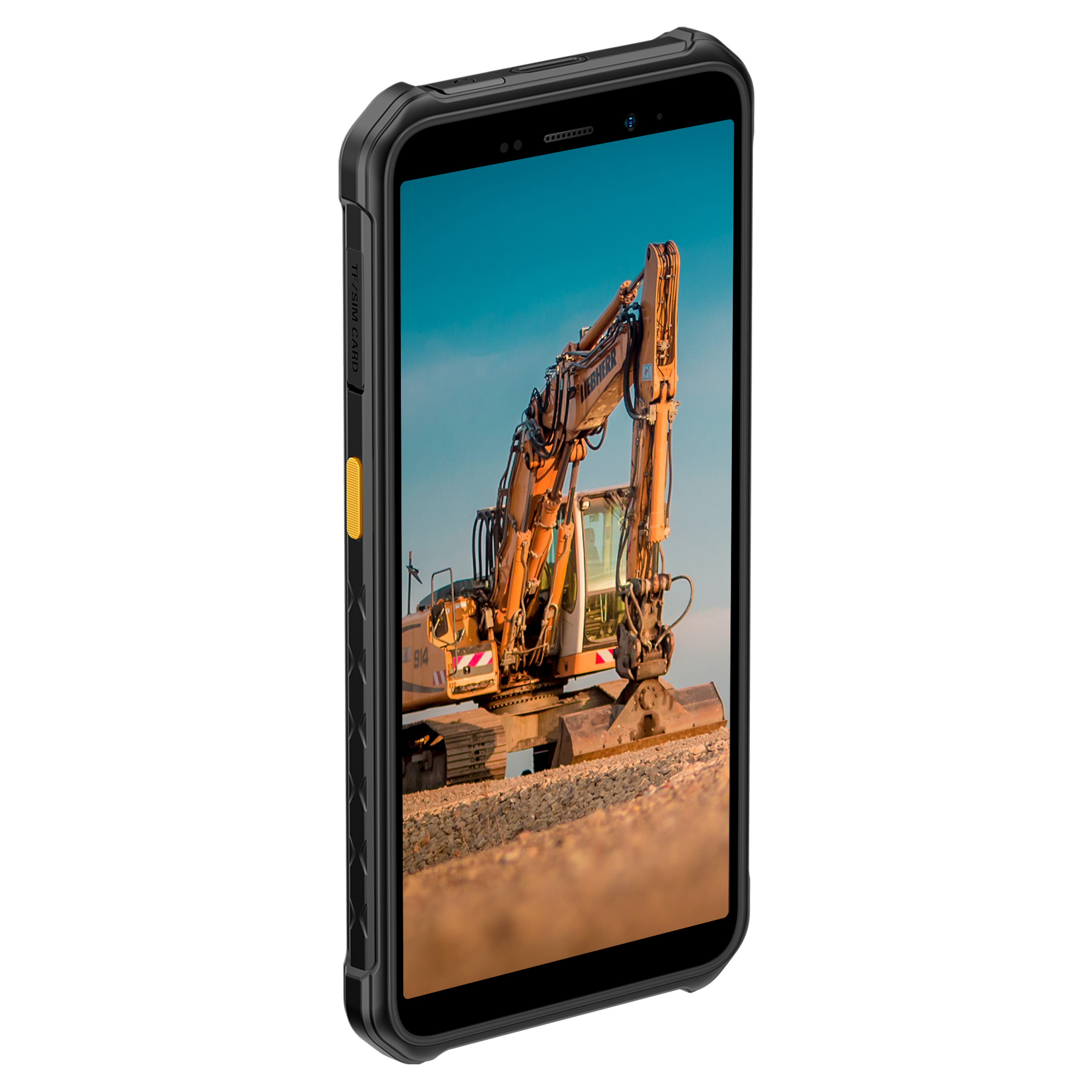 Egy strapabíró telefonon egy kotrógép látható a képernyőn. A telefon fekete, narancssárga gombbal. A háttér kék.