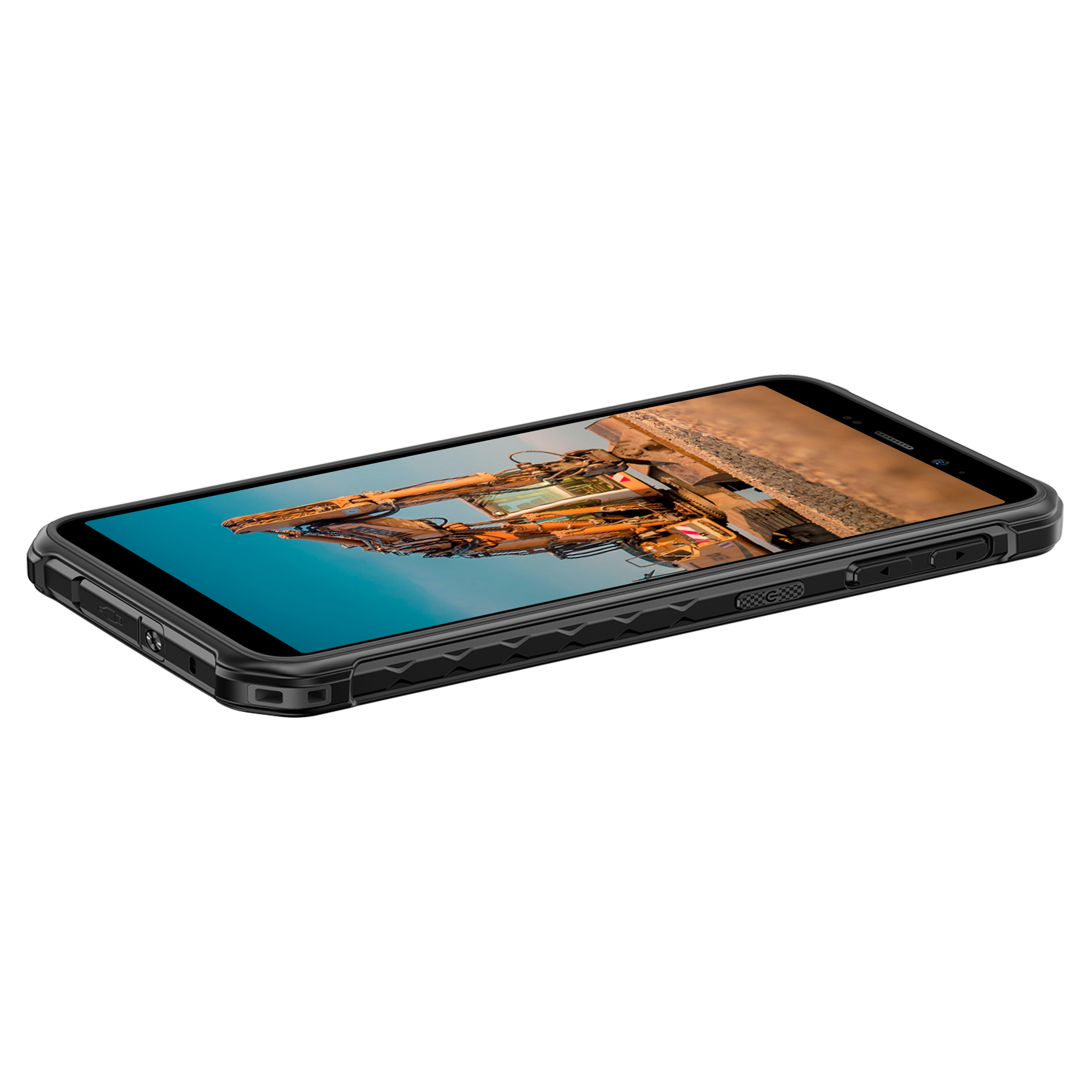 Egy fekete okostelefon építési jelenetet jelenít meg. A telefon robusztus tokkal és oldalsó gombokkal rendelkezik.
