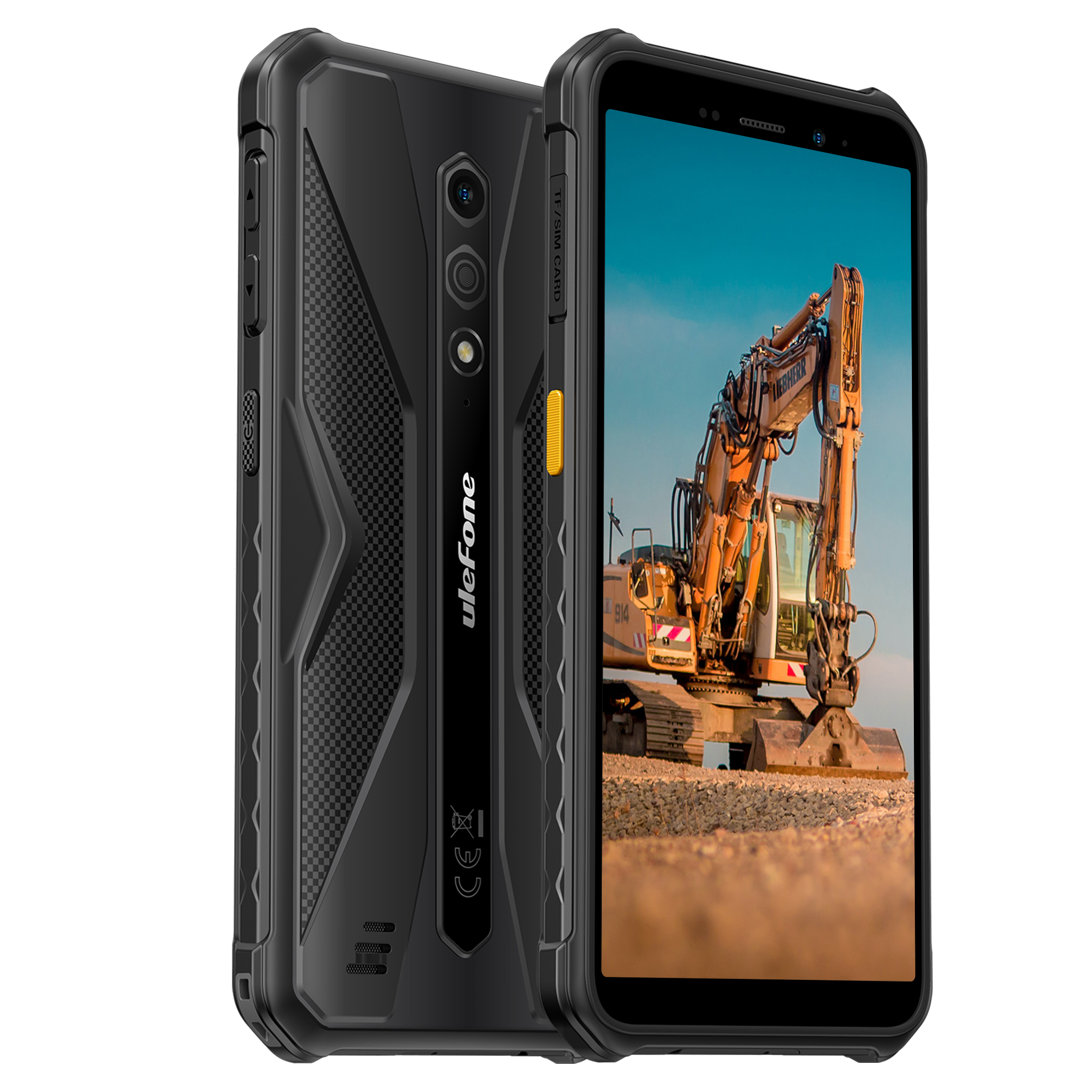 Fekete Ulefone telefon egy markolót mutat a képernyőjén. Még egy telefon van mellette. A háttér fehér.
