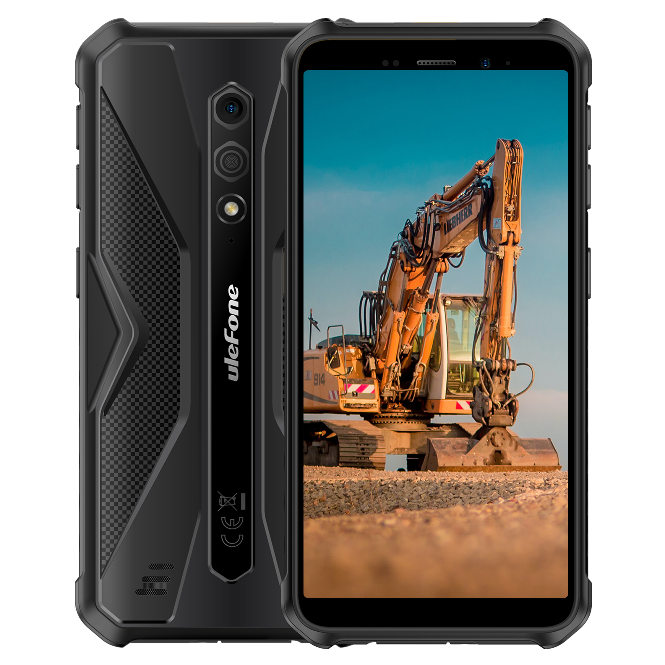 Fekete okostelefon kotrógépet mutat. A telefon robusztus kivitelű. A kotrógép narancssárga, egy építkezésen.