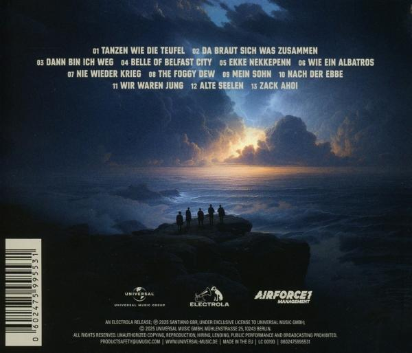 CD-Cover. Figuren auf einer Klippe mit Blick auf das Meer unter einem bewölkten Himmel. Albumtracks sind oben gelistet.