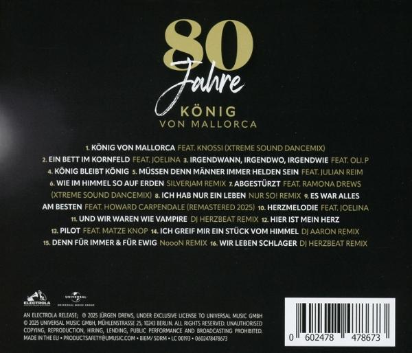 Albumcover: '80 Jahre König von Mallorca'. Goldtext auf schwarzem Hintergrund. Auflistung von Songs und Details mit Barcode.