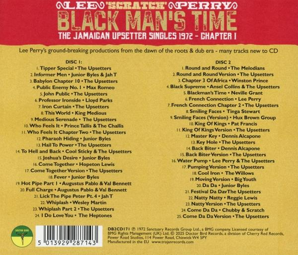 CD-Cover. Titel: Black Man's Time. Künstler: Lee Perry. Enthält Titellisten, Logos und einen Barcode.