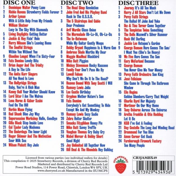 Albumcover: drei Spalten mit Songtiteln, roter und blauer Text auf Weiß. Erdbeerlogo unten rechts.