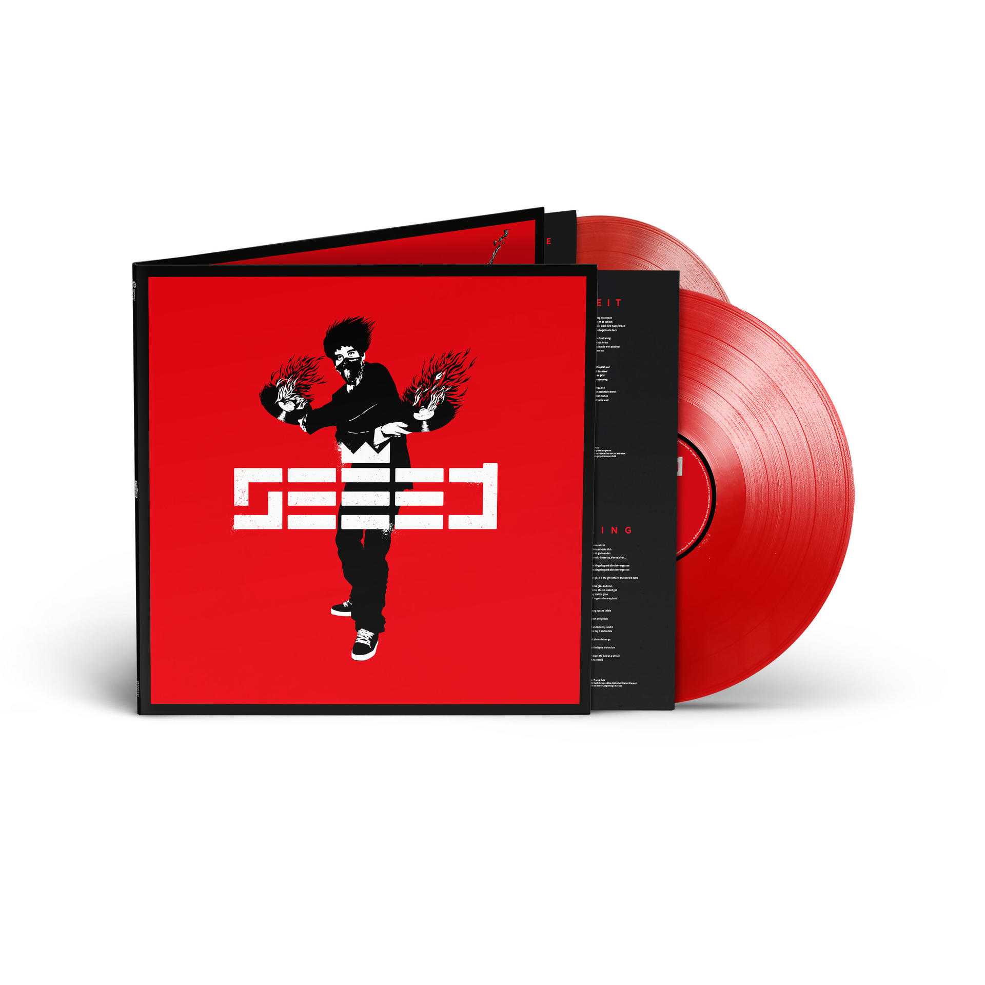 Rote Schallplatte und Albumcover mit einer Schwarz-Weiß-Grafik einer Person, die Feuer hält, mit dem Wort 'GEEED'.