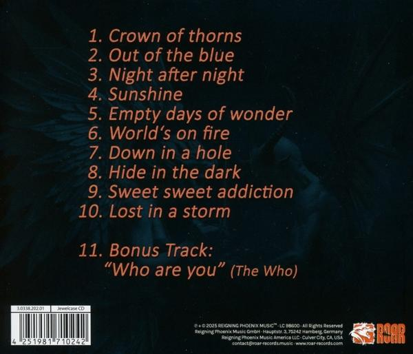 CD-Cover listet Songtitel: Crown of thorns, Out of the blue, Night after night, Sunshine, Empty days of wonder und andere.