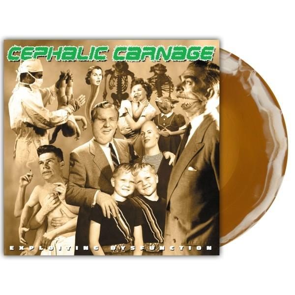 Albumcover mit surrealer Collage von Menschen, Skeletten und einer Schallplatte. Titel: Cephalic Carnage. Album: Exploiting Dysfunction.