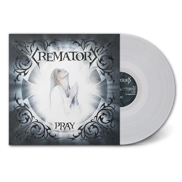 Albumcover: betende Frau, Titel 'Pray', Bandname 'Krematory'. Sichtbare silberne Schallplatte. Dunkelgrauer, verzierter Rand.