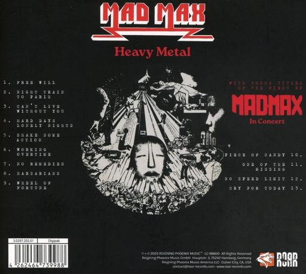 Albumcover für Mad Max, Heavy Metal. Enthält Bandlogo, Titelliste und eine surreale Schwarz-Weiß-Illustration.