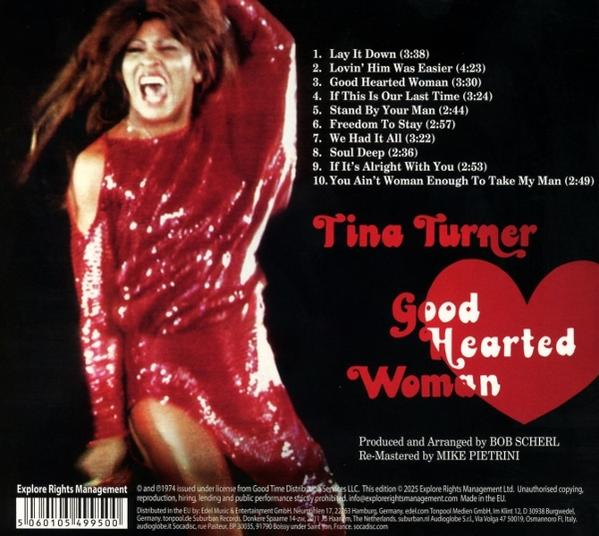 Tina Turner auf Albumcover. Rotes Kleid, offener Mund, Albumtitel 'Good Hearted Woman'.