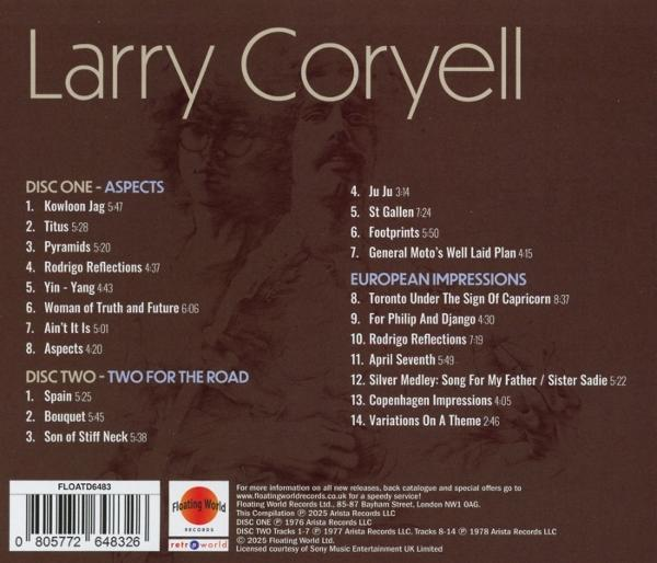 CD-Cover für Larry Coryell-Album. Enthält Titellisten für zwei CDs und ein Foto von zwei Männern.