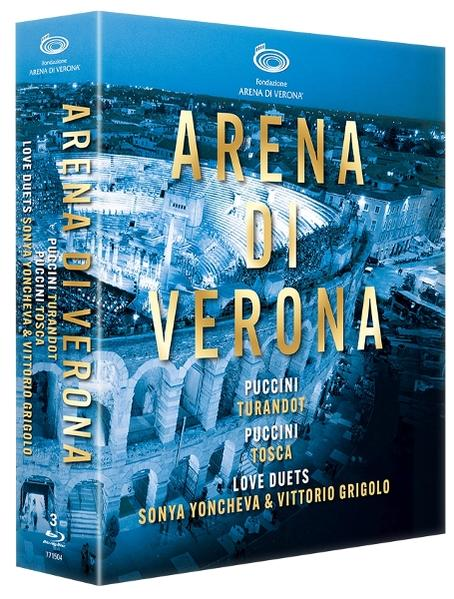 DVD-Hülle mit dem Titel 'Arena di Verona'. Zeigt die Arena von Verona. Namen: Puccini, Sonya Yoncheva, Vittorio Grigolo. Blau und Gold.