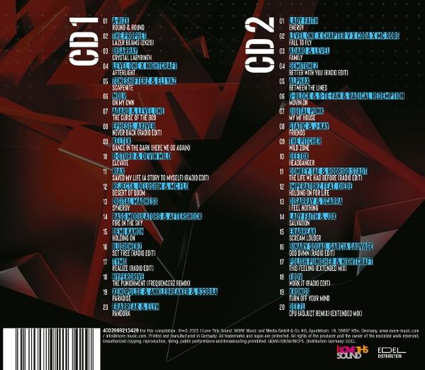 CD-Cover. Listen von Musiktiteln und Künstlernamen auf rotem und schwarzem Hintergrund.