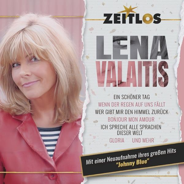 Albumcover von Lena Valaitis. Sie trägt eine rote Jacke, lächelt, mit blonden Haaren. Der Albumtitel ist "Zeitlos".