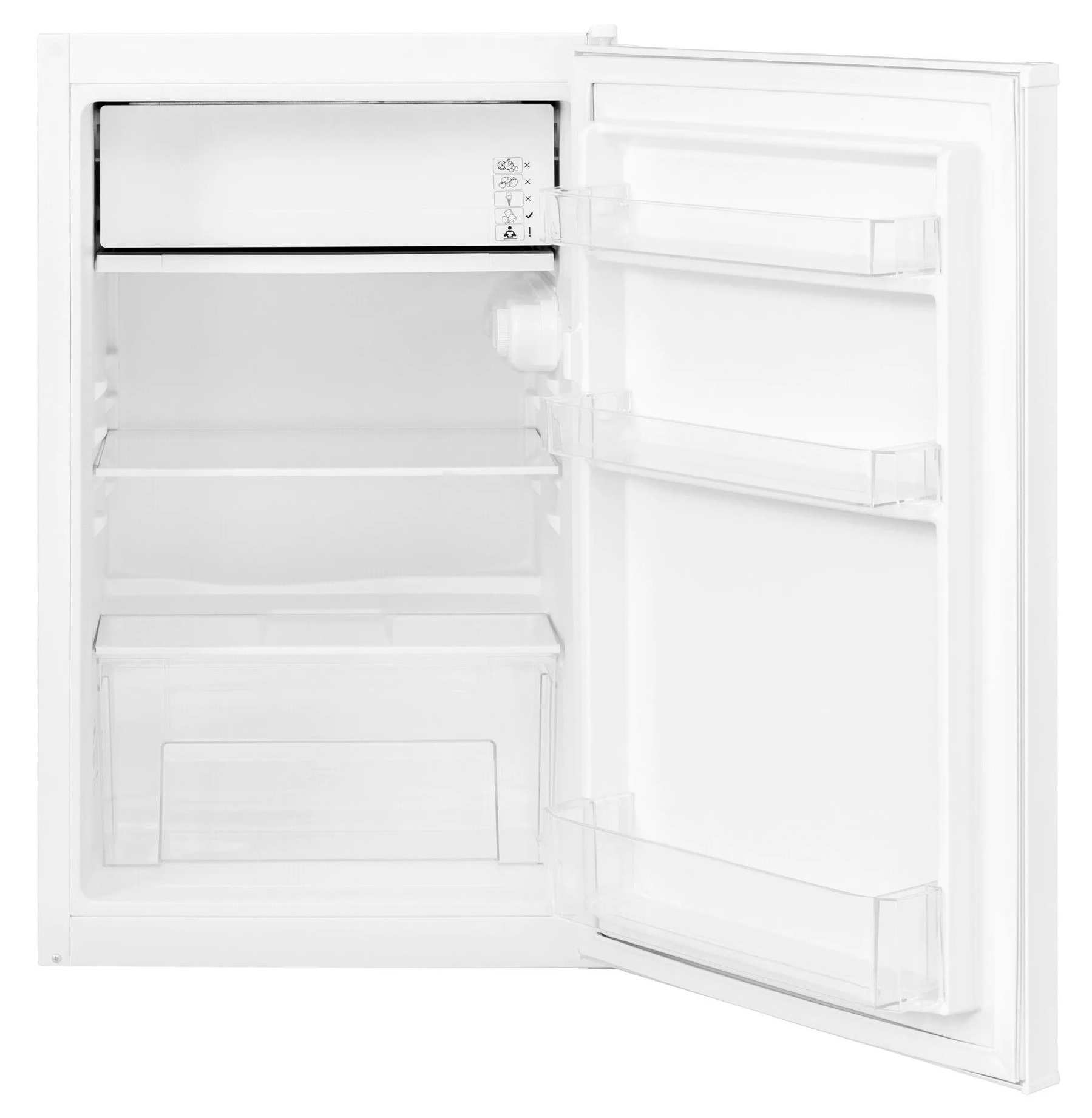 Otwarta biała lodówka z pustym wnętrzem. Komora zamrażarki na górze. Widoczne półki i półki na drzwiach.