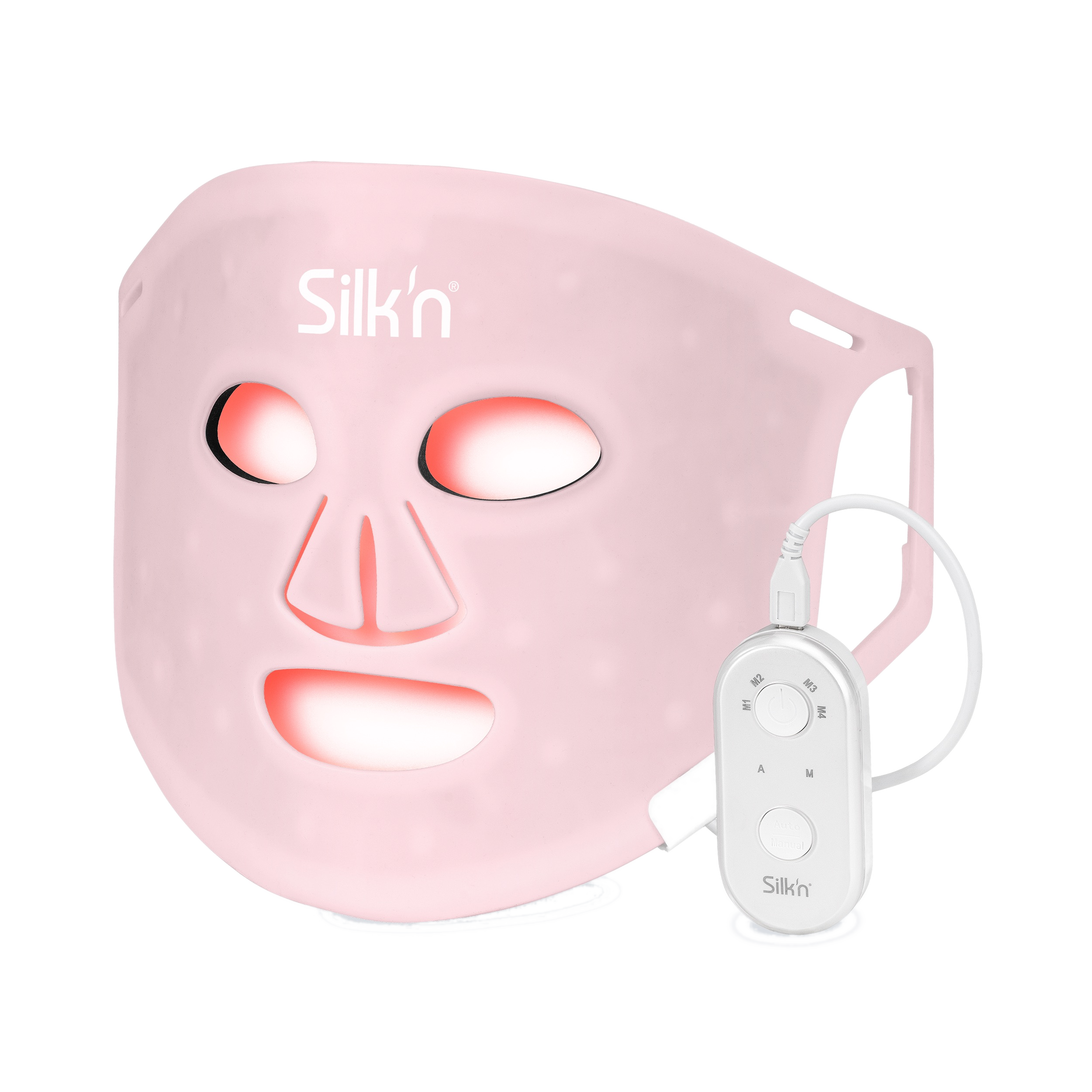 Różowa maska ​​na twarz Silk'n z jednostką sterującą. Maska ma otwory na oczy, nos, usta. Jednostka ma przyciski.