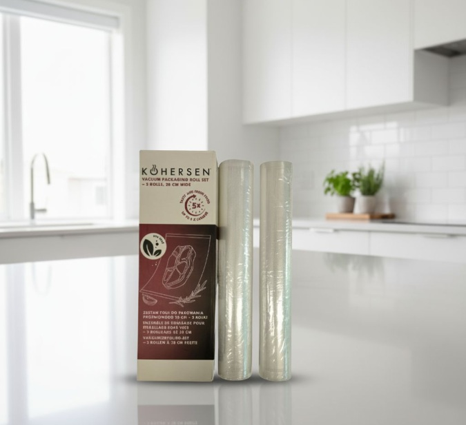 Zestaw rolek do pakowania próżniowego z rolkami i pudełkiem w jasnej kuchni. Zawiera rolki i pudełko.