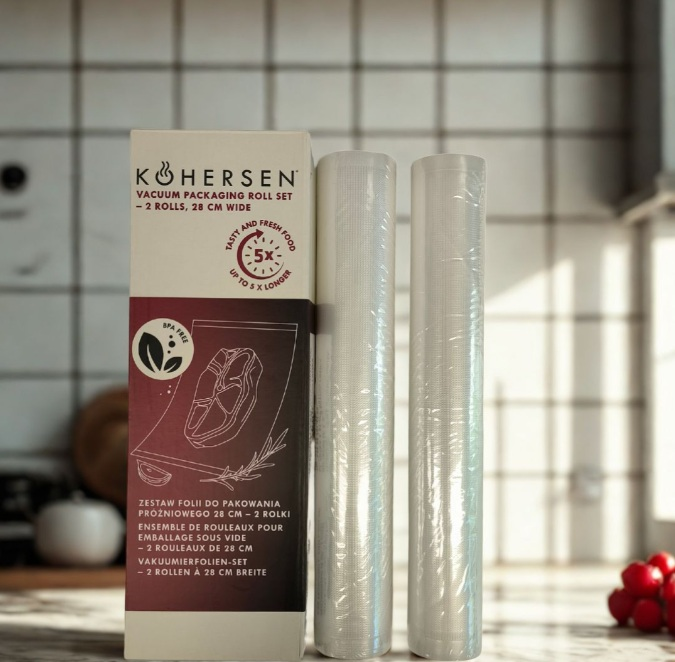 Zestaw rolek do pakowania próżniowego z dwiema rolkami i pudełkiem. Pudełko zawiera tekst w wielu językach. Tłem jest kuchnia.